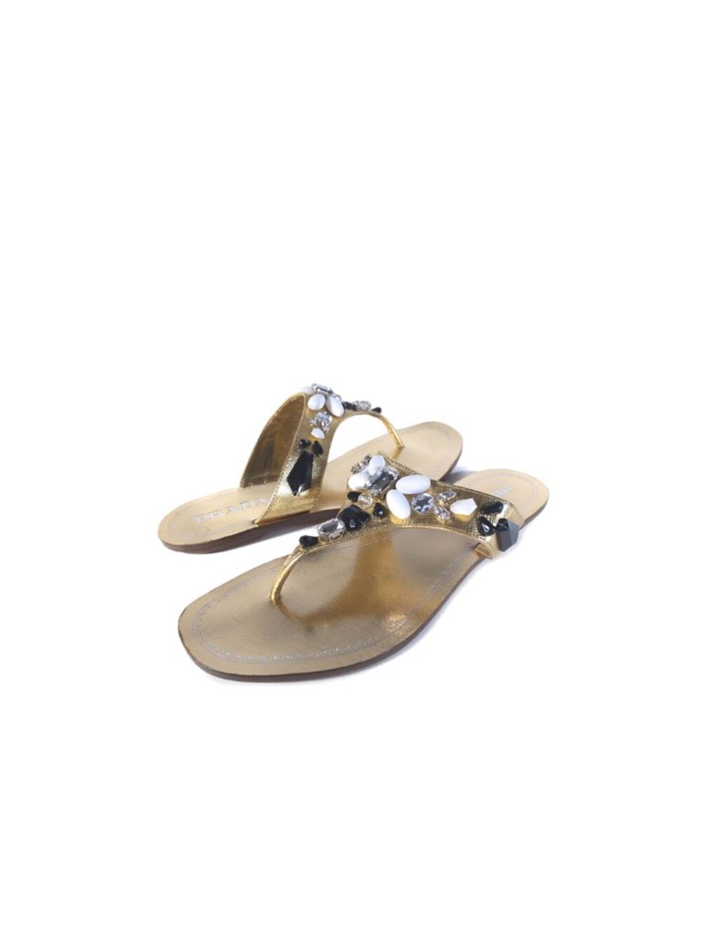 Prada Flat Leather Thong Sandals in Gold with Rhinestones Womens Size 7 - Picture 3 of 14